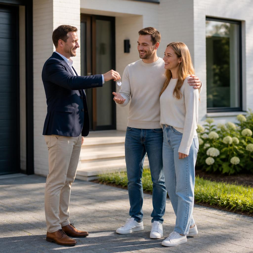 Agent immobilier remettant les clés à un couple heureux