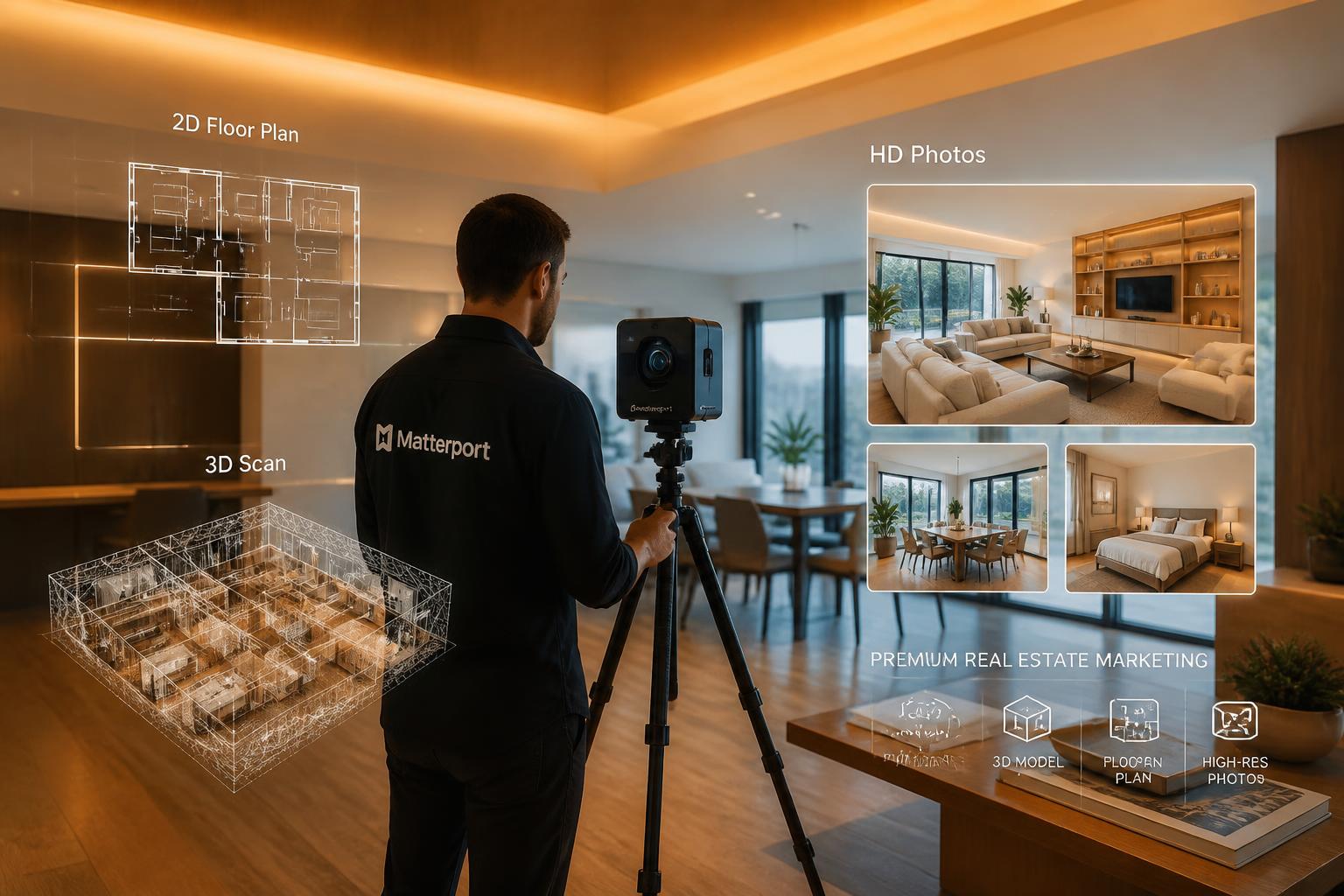Technicien scannant une maison avec une caméra Matterport 360°, avec plans 2D et photos HD en superposition
